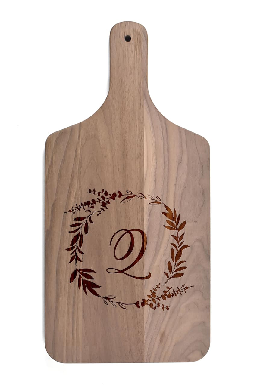 Floral Wreath Monogram Walnut Paddle Cutting Board